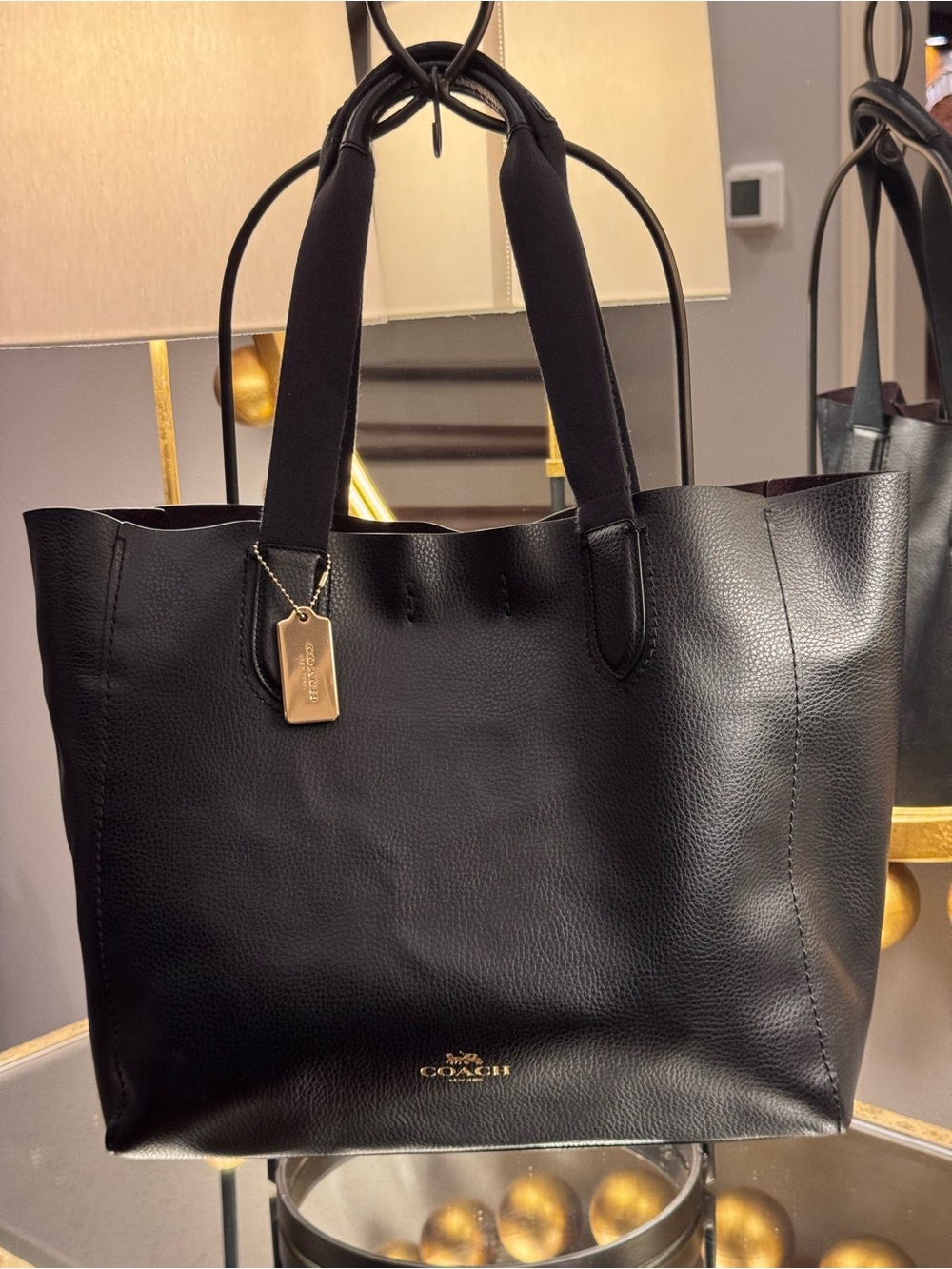 Coach Black Leather Derby Tote with Gold Tag